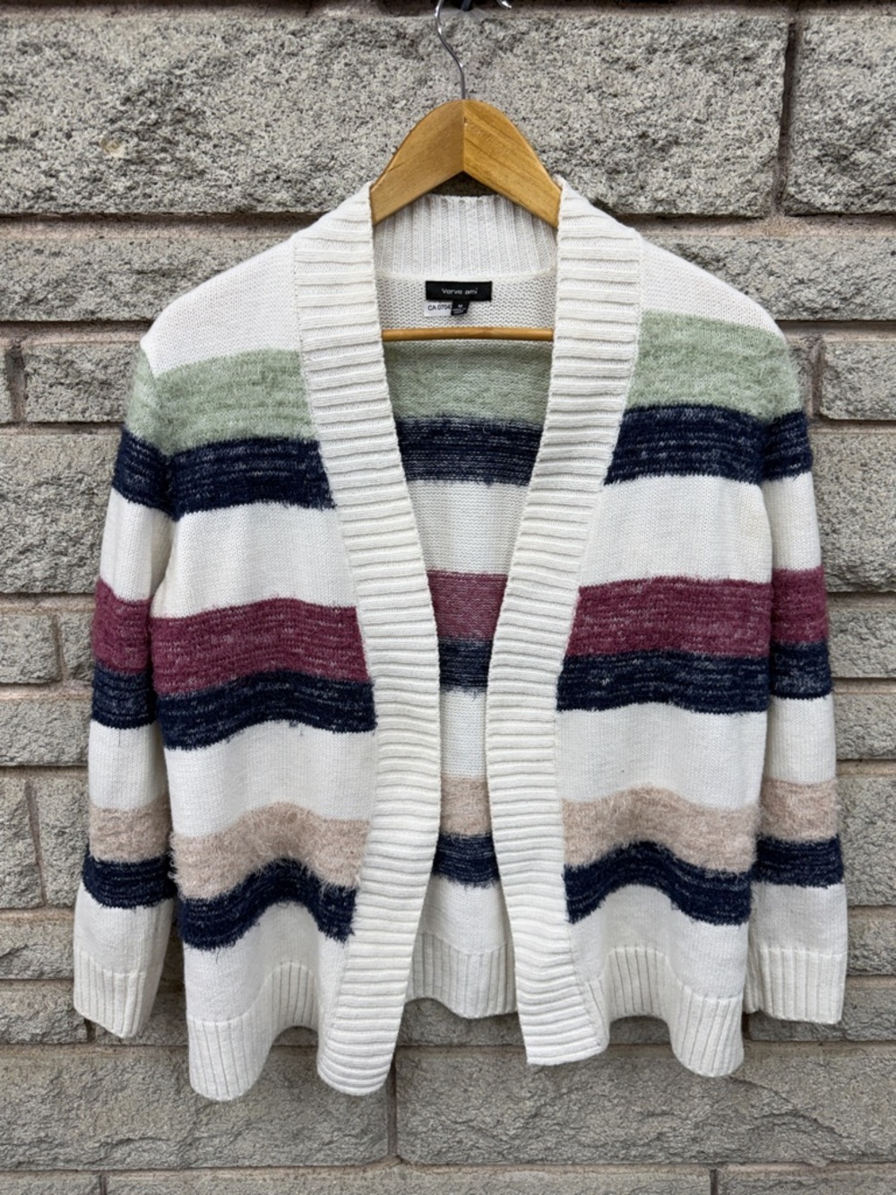 Verve Ami Striped Open-Front Cardigan in White, Navy, Burgundy, Sage, Beige
